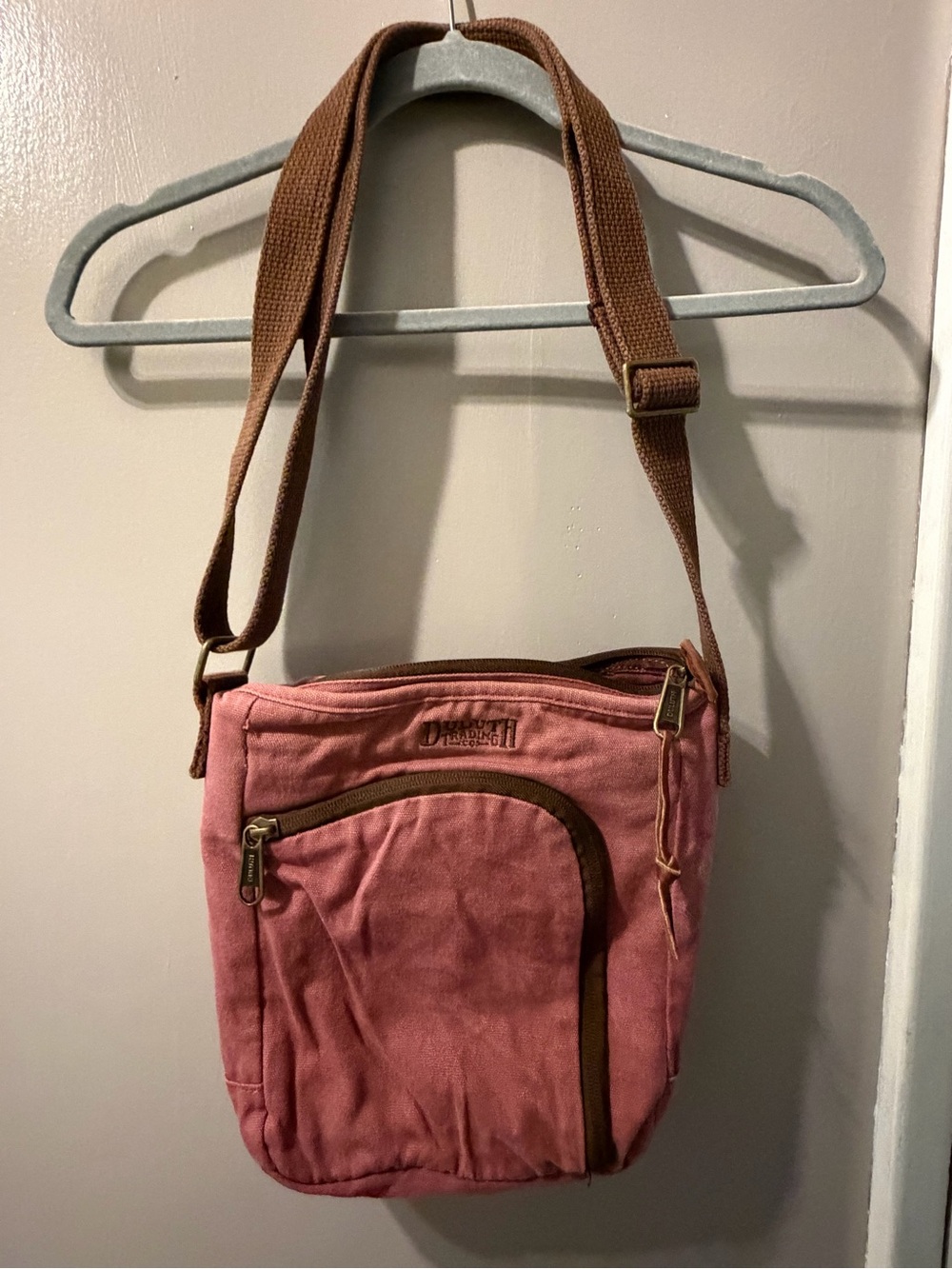 Duluth Trading Co. Pink Canvas Crossbody with Brown Trim